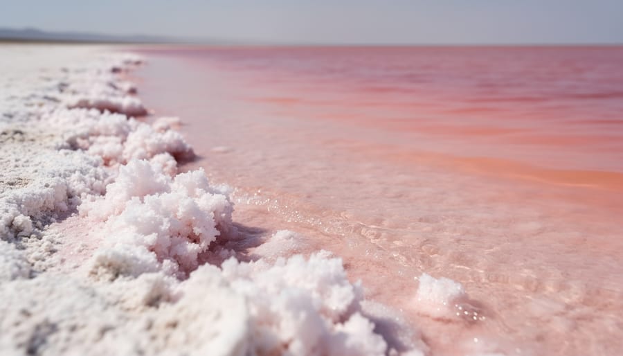 Close-up of salt crust and pink algae at the edge of a WA pink lake