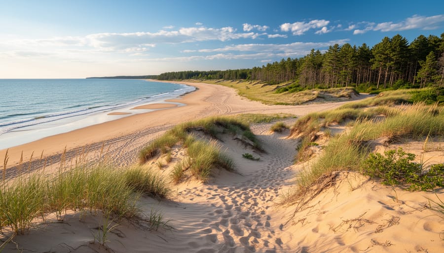Protected dune grass and sandy shoreline at Ipperwash Beach with visitors along a natural path