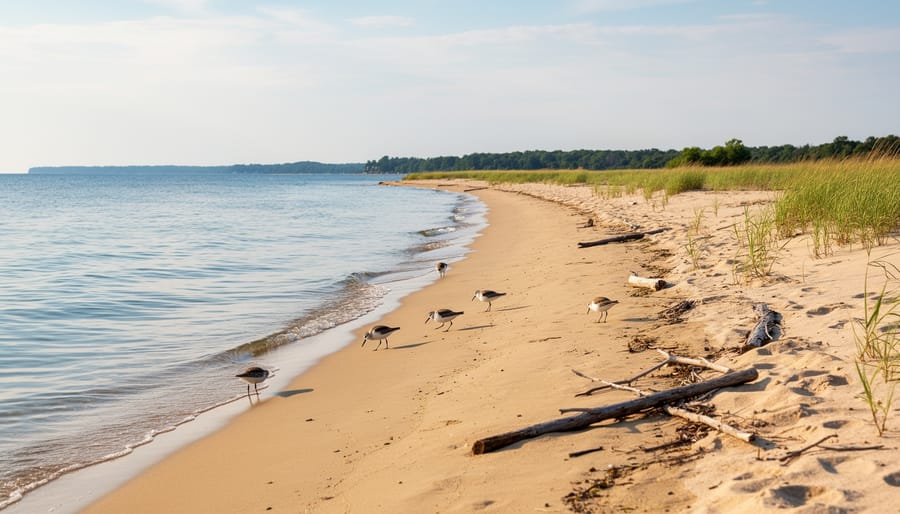 Sandy point with beach grass and birds at Presqu’ile Provincial Park