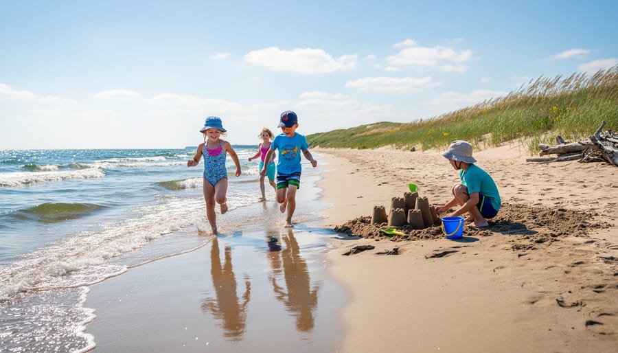 Children playing on the sandy beach in Prince Edward County with dune grass in the background
