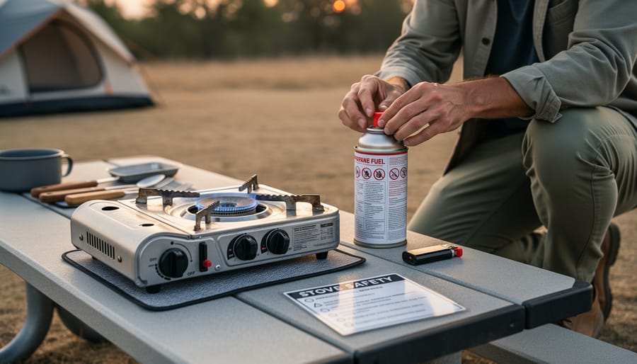 Close view of a propane canister connected to a portable camp stove with a person checking the connection at an outdoor campsite.