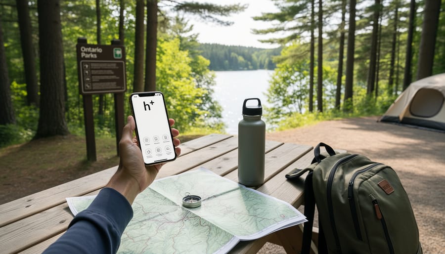 Traveler standing in a provincial park at dusk holding a smartphone and a paper map.