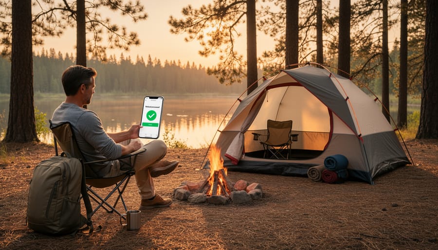Closed tent at a peaceful forest campsite with a hand holding a small envelope, symbolizing resolved refund handling.