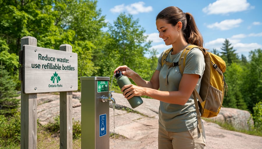 Traveler refilling a reusable bottle at a campground water tap outdoors