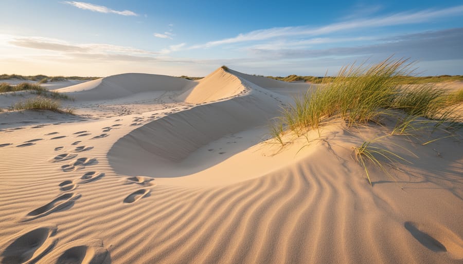 Wind-shaped sand dunes at Sandbanks Provincial Park with people walking near dune grass