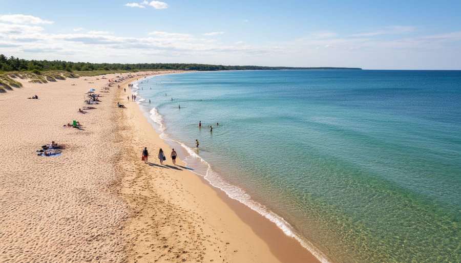 Wide view of Sauble Beach shoreline with sand, dune grass, and gentle waves