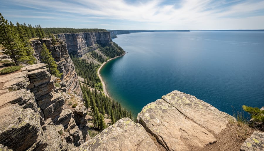 View over Sawyer Bay and rocky trail from a cliffside lookout at Sleeping Giant Provincial Park