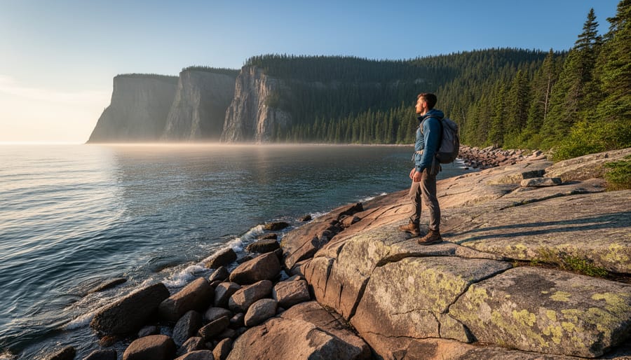 Lone hiker on a rocky bluff overlooking Lake Superior and the dramatic cliffs of Sleeping Giant Provincial Park in the distance