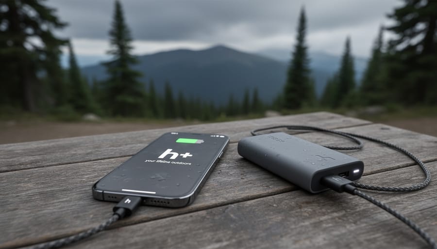 Smartphone on a picnic table next to a portable power bank in a forest campsite setting.