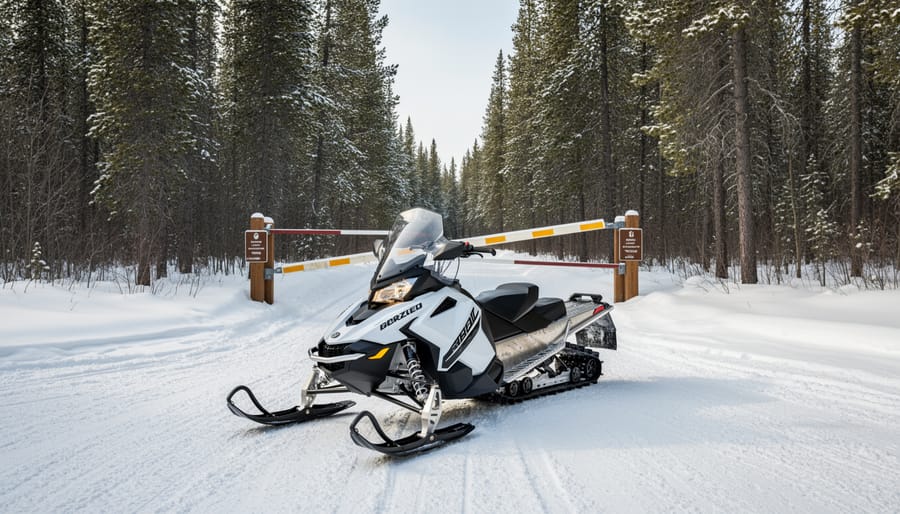 Parked snowmobile near a forest trailhead during the off-season