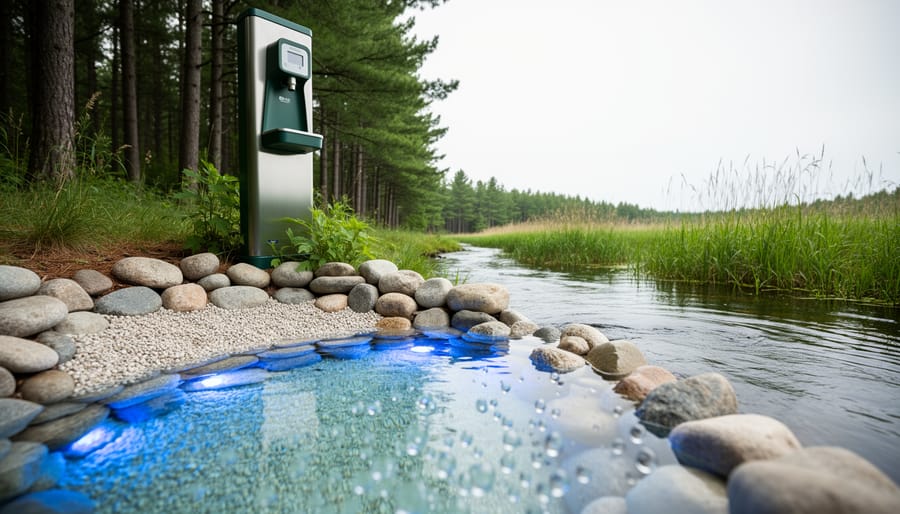 Clear water flowing past natural stone and gravel filtration in an Ontario park, with wetlands and pine trees softly blurred in the background.
