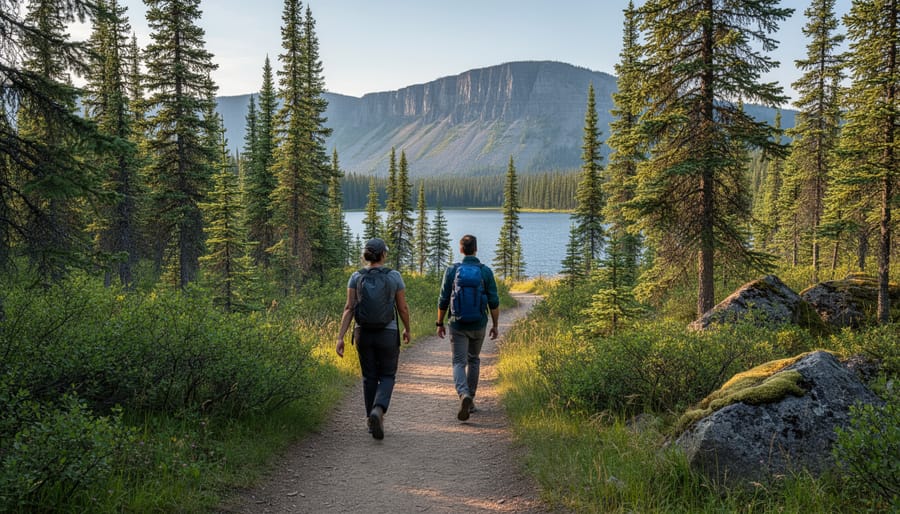 Family-friendly walk along Talus Lake Trail with forest path and glimpse of the lake