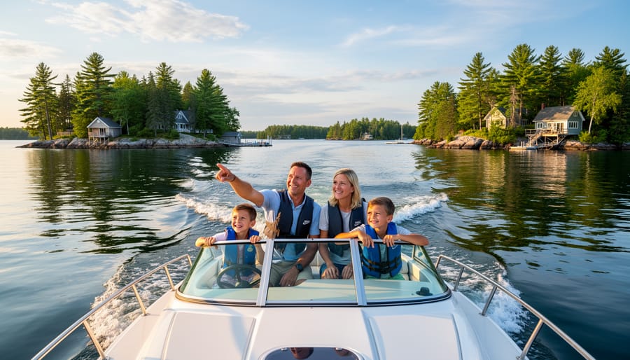 Family on a boat cruising through the Thousand Islands with many small green islands in the background