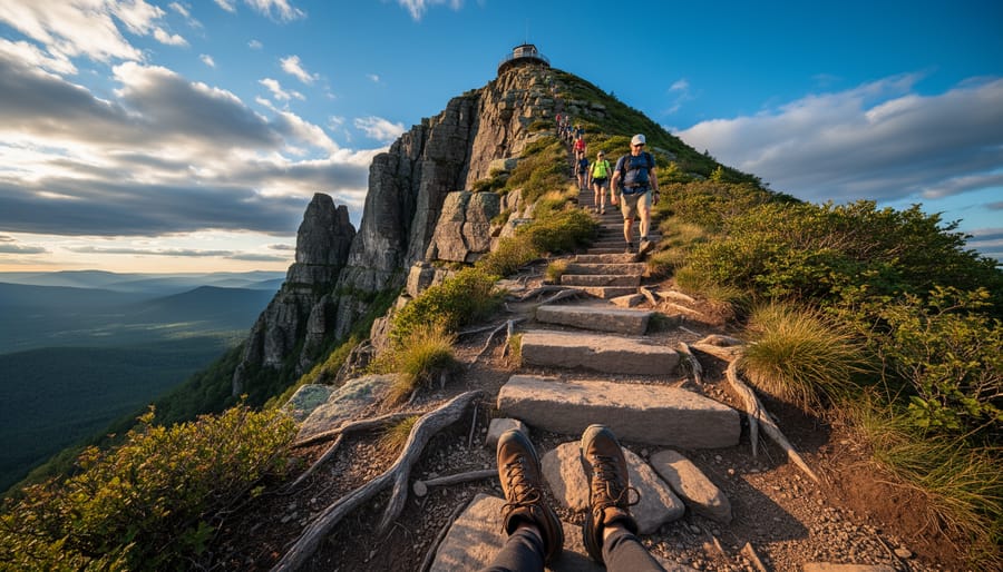 Hikers climbing a steep rocky trail toward dramatic cliffs at Sleeping Giant Provincial Park