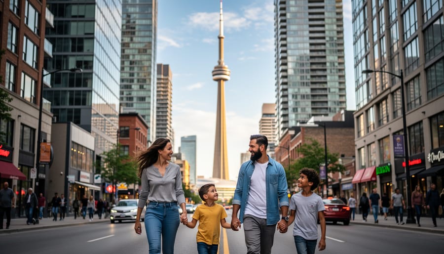 Family walking with Toronto skyline and CN Tower visible in the distance