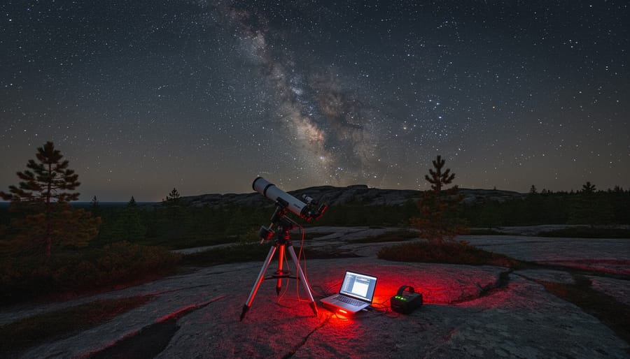 Telescope in the foreground with a dramatic milky way view over Torrance Barrens Dark-Sky Preserve.