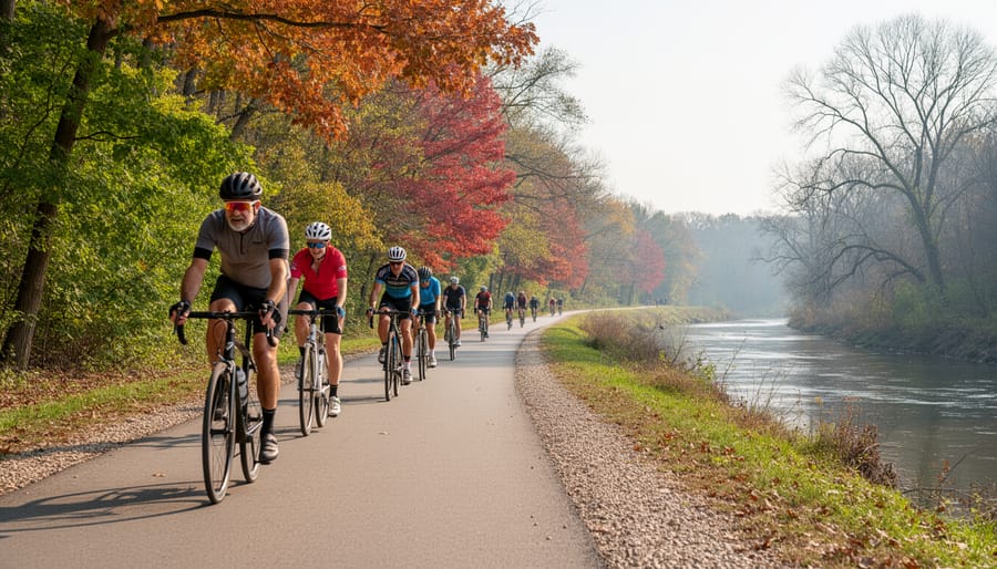 Cyclists on the canal towpath trail with autumn trees and the canal running alongside