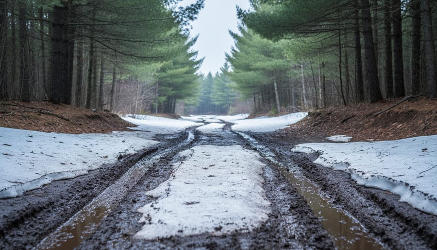“Spring-thaw U.P. snowmobile trail with melting snow patches, damp track marks, and a forest path under overcast light.”