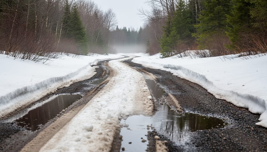 Snowmobile trail with melting snow slush and damp packed track marks in the Upper Peninsula