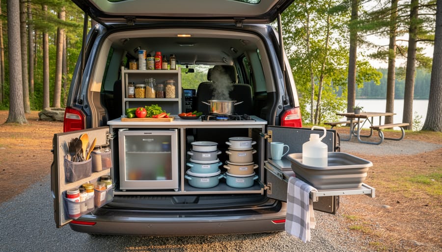 Hands cooking on a portable stove at a van campsite in an Ontario park with cookware and chopped vegetables arranged on a prep surface.