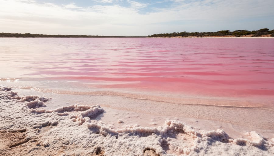 “Ground-level view of a Western Australian pink lake with a salt-crusted shoreline and rose-pink water stretching to the horizon under bright daylight.”