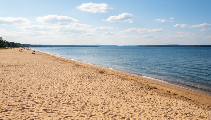 Expansive Wasaga Beach shoreline along Georgian Bay with families near the sand