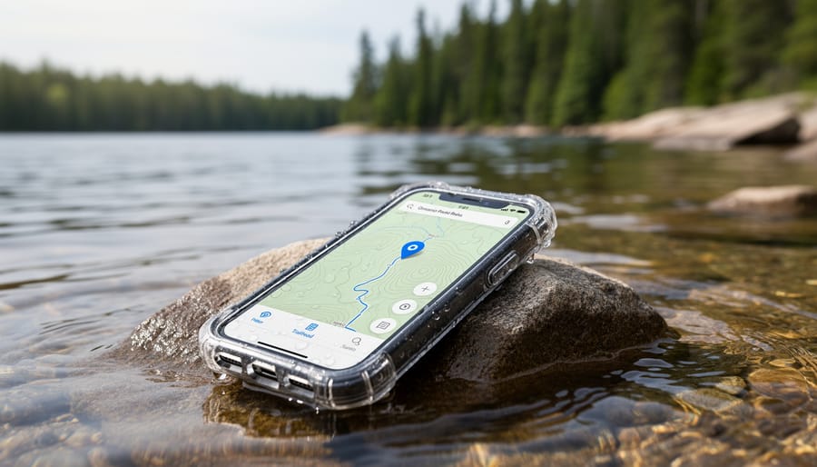 Smartphone in a waterproof case near a canoe launch by a rocky lakeshore in Ontario
