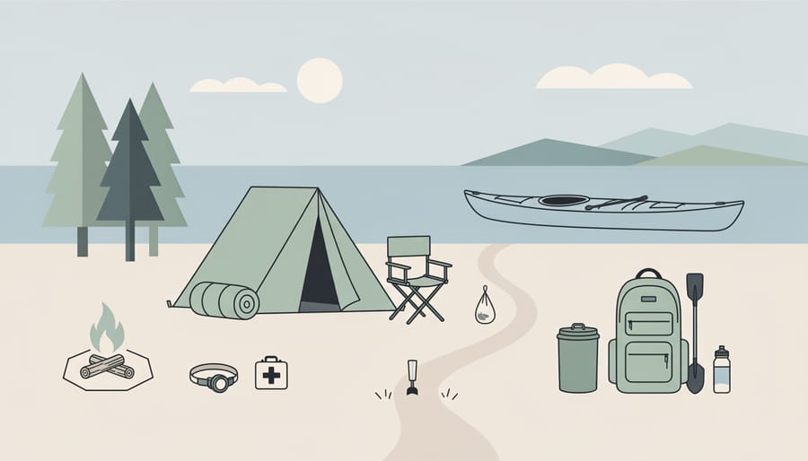 Camping gear setup on a forest floor with a tent, reusable water bottle, and headlamp ready for a multi-day trip.