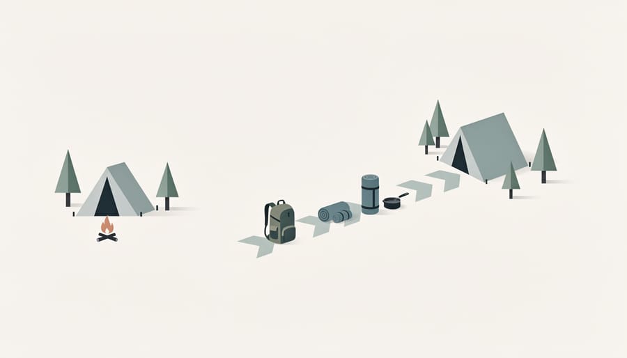 Two adjacent campsites showing one being set up and the other being packed down on a gravel path.