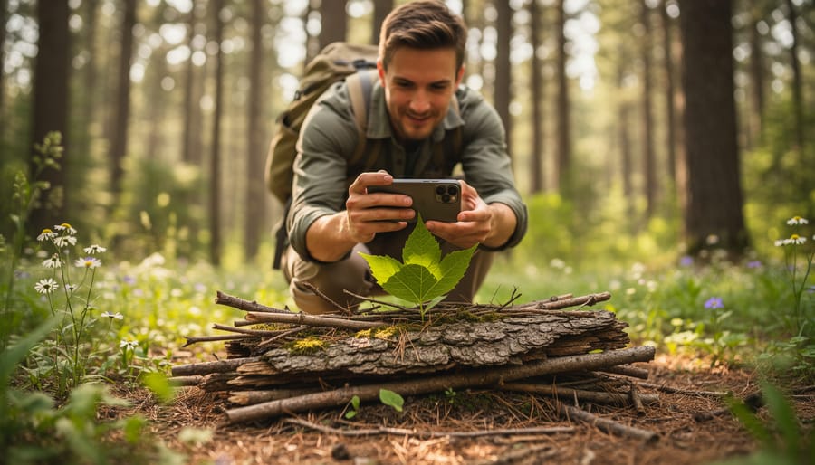 Visitor crouching in an Ontario park forest next to a brush pile and native wildflowers while photographing a leaf with a smartphone.