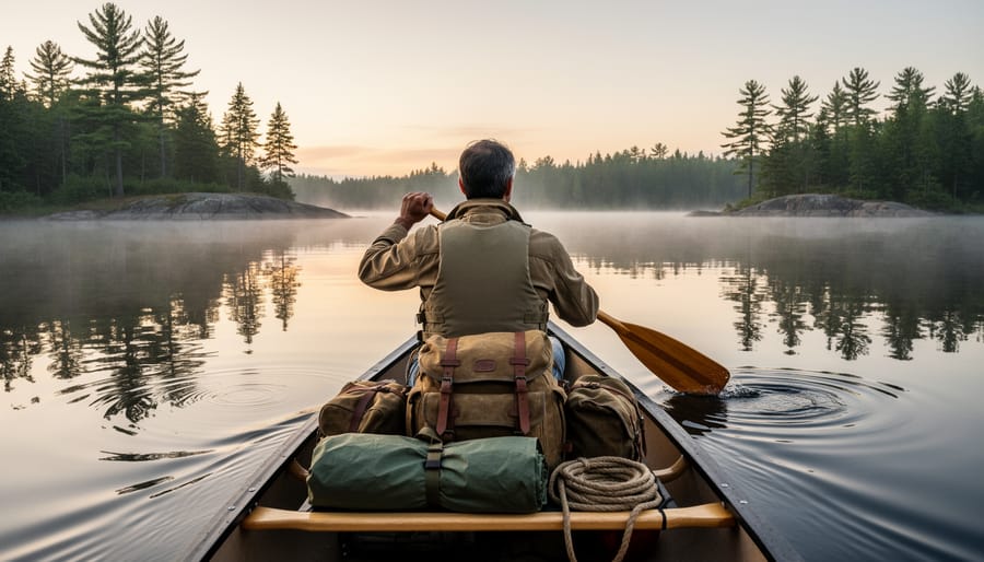 Canoeists paddle a backcountry canoe on a quiet lake surrounded by pine forest in Algonquin Park.