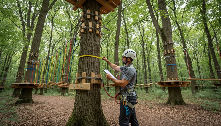 Close view of tall trees and branch structure in a forest, showing potential anchor candidates.