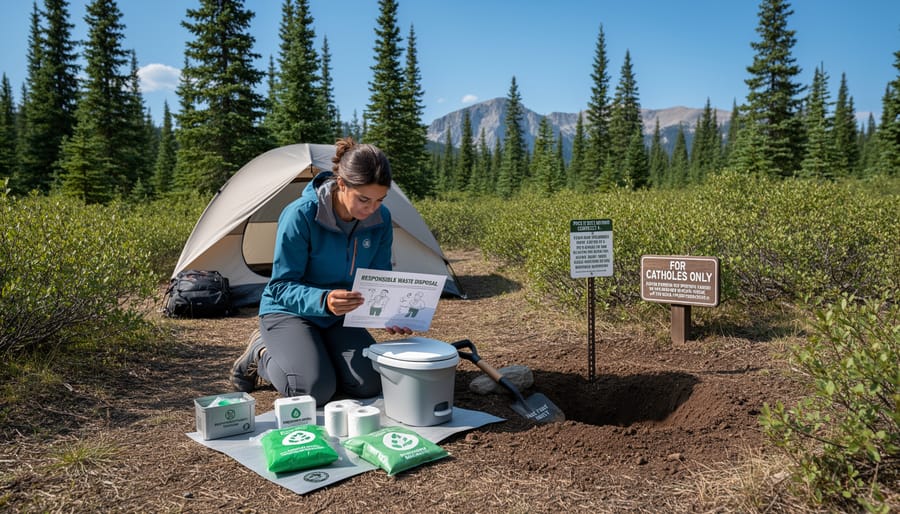 Backcountry camping gear including a portable toilet and bear-safe food storage near the forest floor
