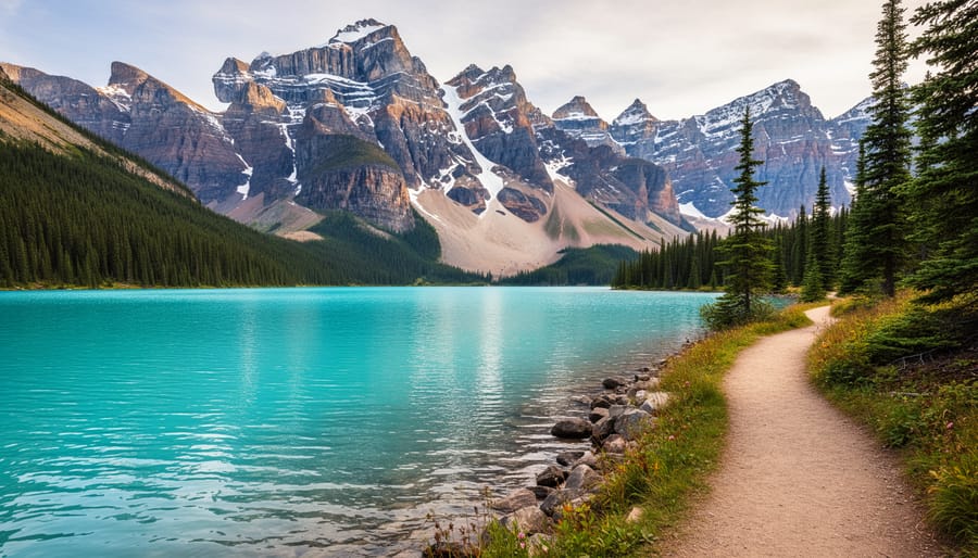 Turquoise lake with rocky shoreline and Mount Rundle mountains in Banff National Park at golden hour
