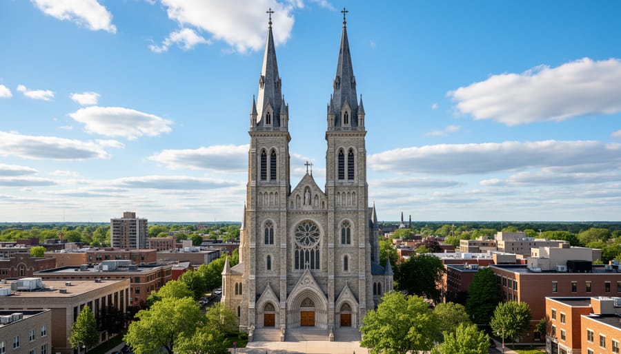 Exterior of Basilica of Our Lady Immaculate in Guelph with limestone facade