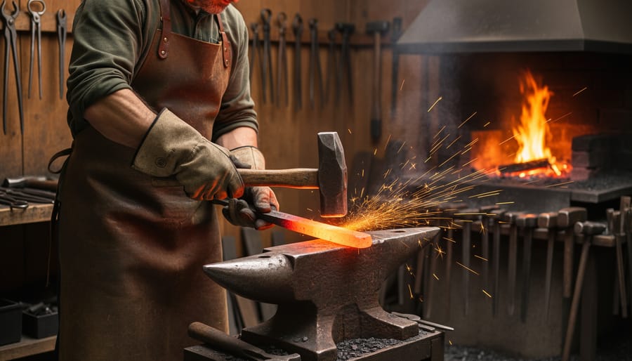 A blacksmith forging a hot iron piece on an anvil in a workshop with a glowing forge.
