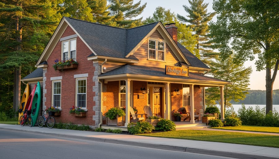 Boutique inn entrance with flower baskets and warm porch lighting in a small town