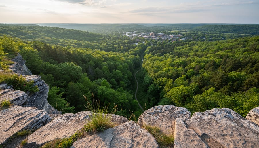 Wide view from the Bruce Trail showing a forested escarpment landscape with a curving hiking path ahead.
