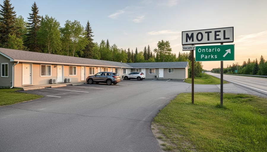 Family car parked near a tidy roadside motel with exterior room entrances