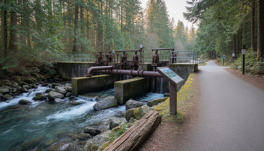 Historic hydroelectric powerhouse building beside a creek corridor at Buntzen Lake