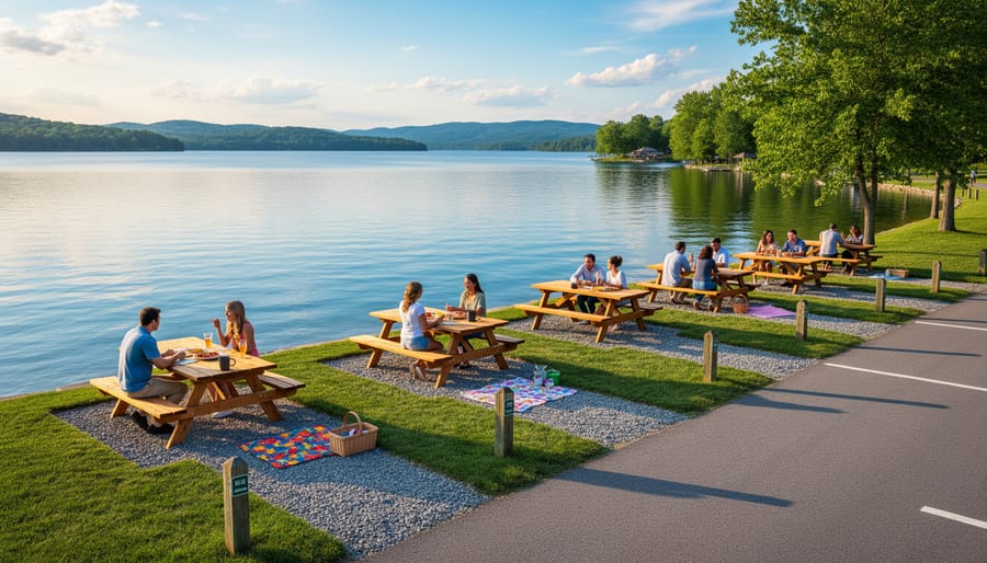 Picnic table on the shore of Buntzen Lake with lake and forest scenery in the background