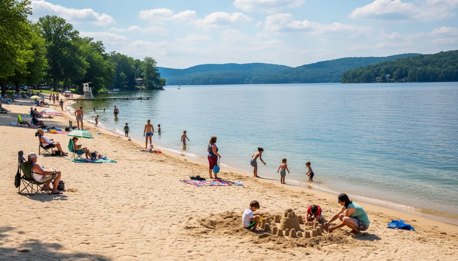 People at the sandy shoreline of Buntzen Lake North Beach with the lifeguard stand and mountain backdrop