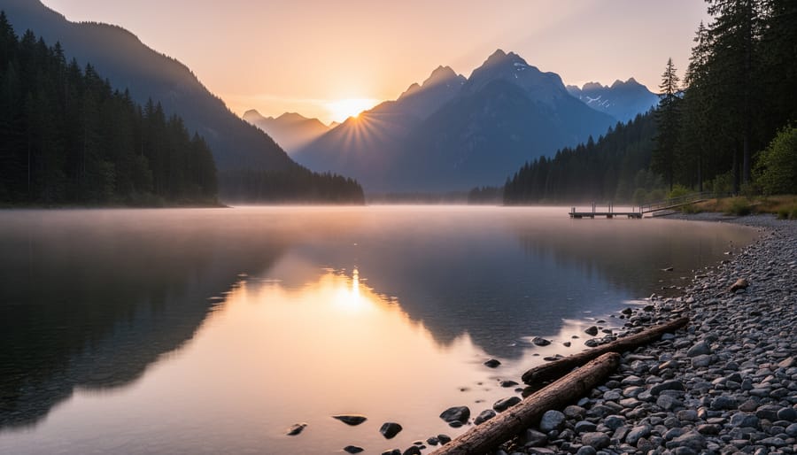 Sunrise panorama of Buntzen Lake with reflective water and evergreen mountains
