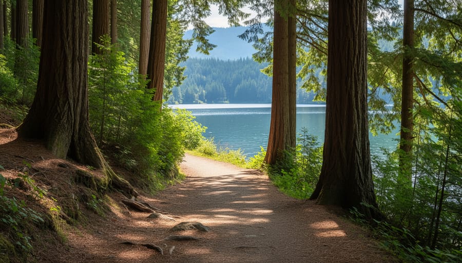 Hikers on a forest trail with a view of Buntzen Lake through evergreen trees