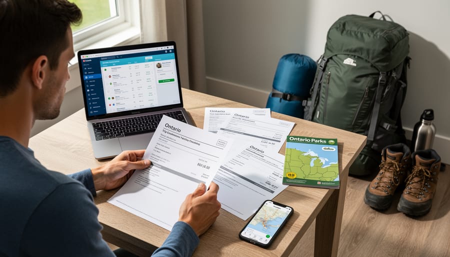 Hands holding a printed camping confirmation envelope and a phone on a desk