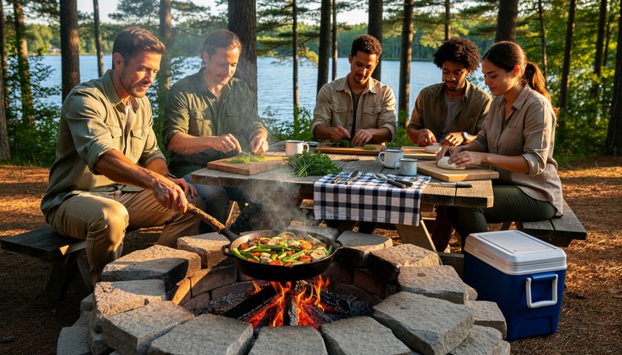 Family cooking over a campfire at an Ontario provincial park campsite with a cast-iron skillet and picnic table.