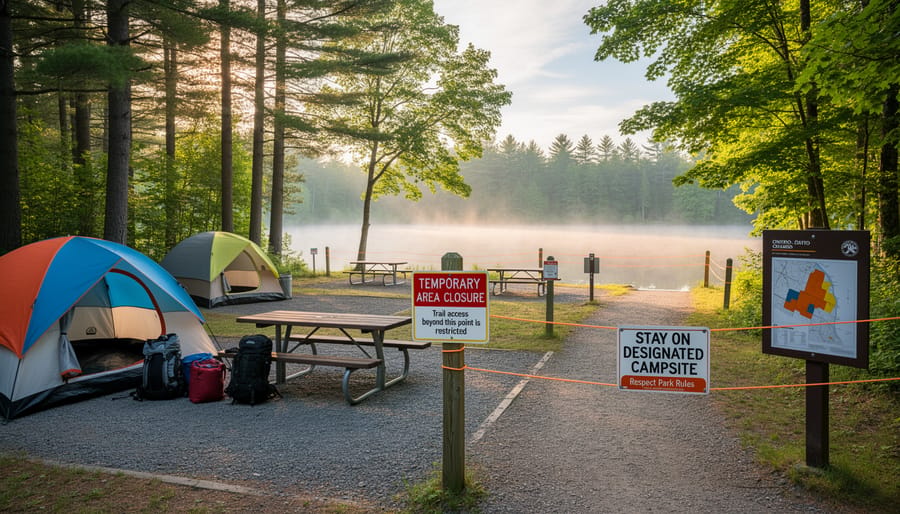 Campsite area with a closed-access barrier near a trail in an Ontario forest park