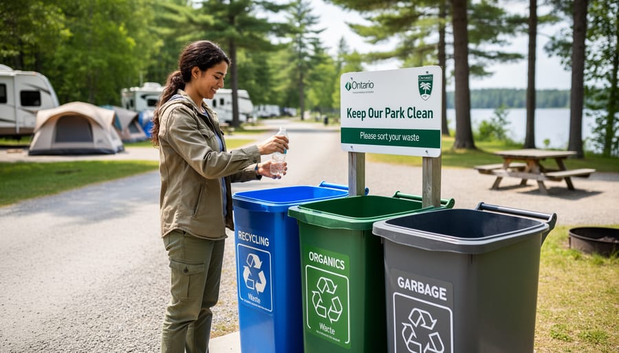 Person sorting garbage and recycling into separate bins at an Ontario campground