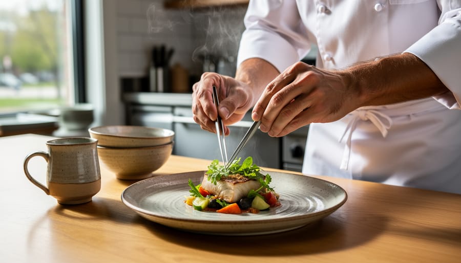 Chef plating a maple-glazed dish on a handmade ceramic plate with warm natural lighting.