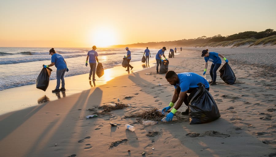 Volunteers collecting litter and seaweed during a coastal cleanup on a sandy beach